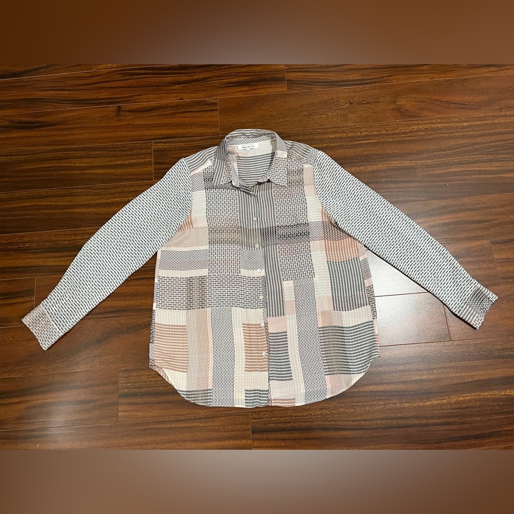 Rose + Olive women’s large button down blouse, geometric patchwork, pink taupe